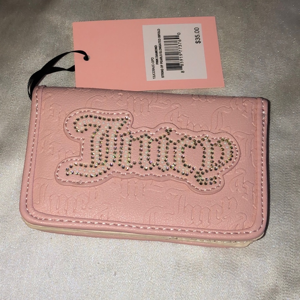 Juicy Couture Pink Diamond String Of Pearls Elongated Bifold Wallet NWT